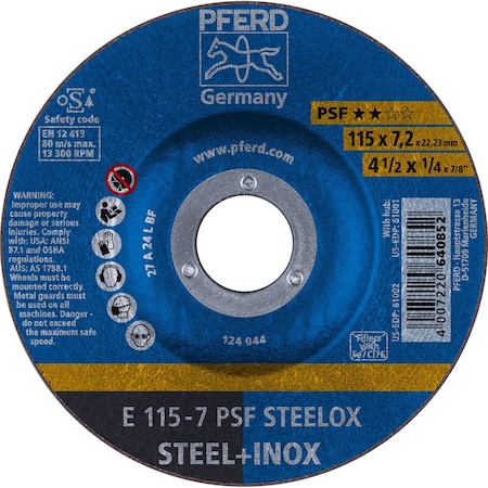 Pferd 61002 4-1/2in x 1/4in Grinding Wheel, 7/8in AH A 24 L PSF-INOX - Type 27 61002-PFERD